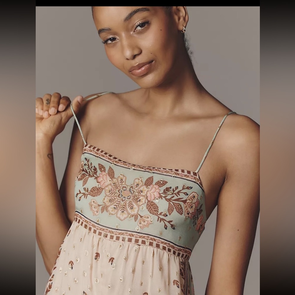 FARM Rio X Anthropologie Bubble Jumpsuit. Cream and Green